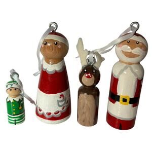 Hand Painted Peg Dolls Christmas Ornaments Santa Mrs Claus Elf Reindeer Set of 4